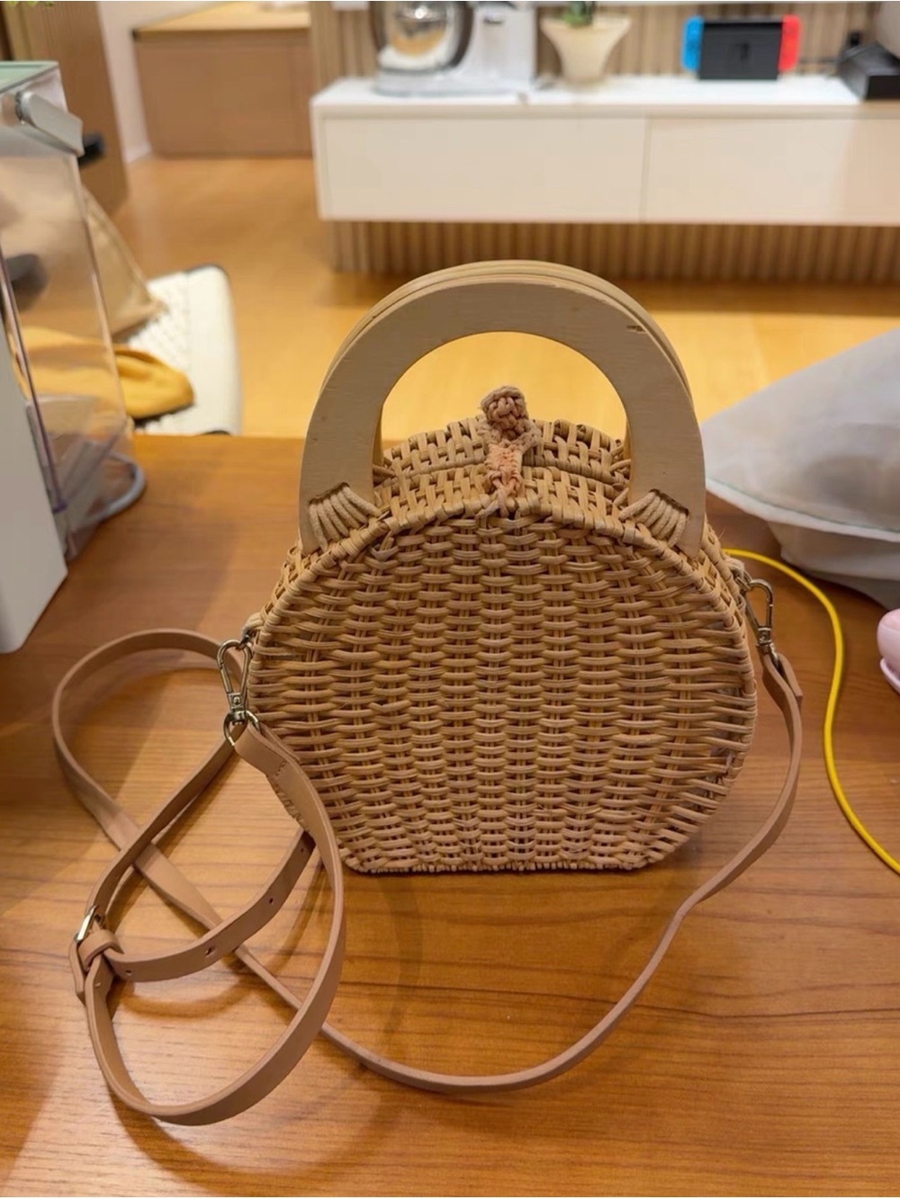 Zara Round Woven Crossbody Bag in Tan with Wooden Handle